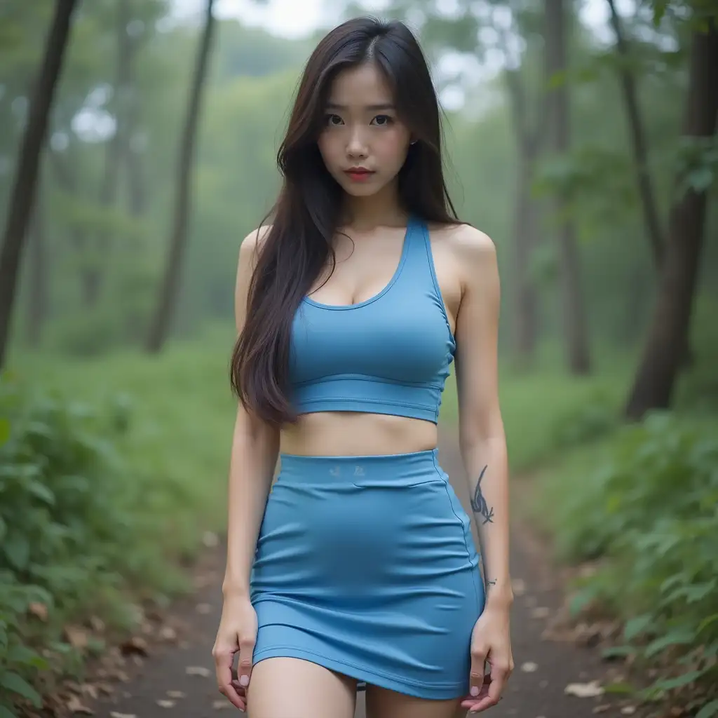 Korean-Woman-in-Blue-Sporty-Outfit-in-Forest-Setting