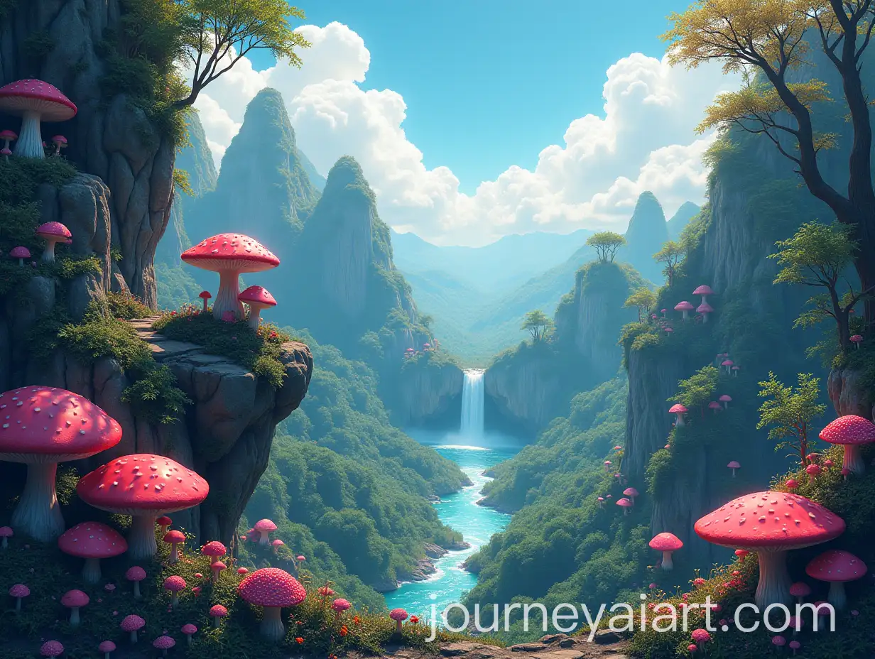 MagicalAI-Image-Prompt-Expansion-Jungle-View-with-Waterfall-and-Giant-Mushrooms-from-a-High-Rock