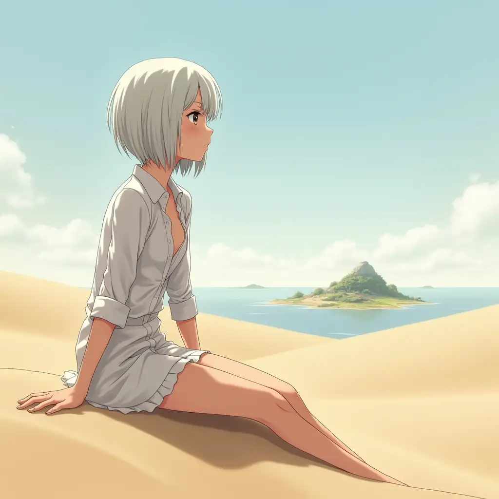 a superdetailed hyperrealistic portrait of an anime girl with short white hair in a slightly unbuttoned white shirt and a short white skirt sitting on sandy desert ground and looking into the distance at an oasis far away