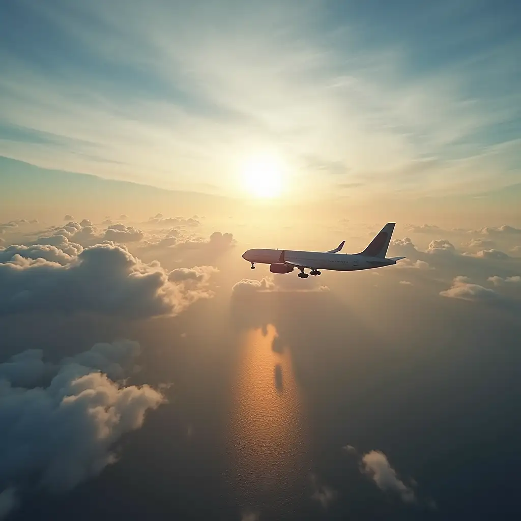 A vacation, landing at an airport with many clouds, with the sun in front, near the sea 