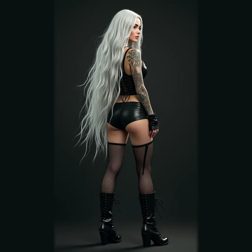 Depiction of a beautiful white woman with tattoos and long mixed white-black hair in a futuristic style and laced boots, Blurry black background (120mm) shot poster