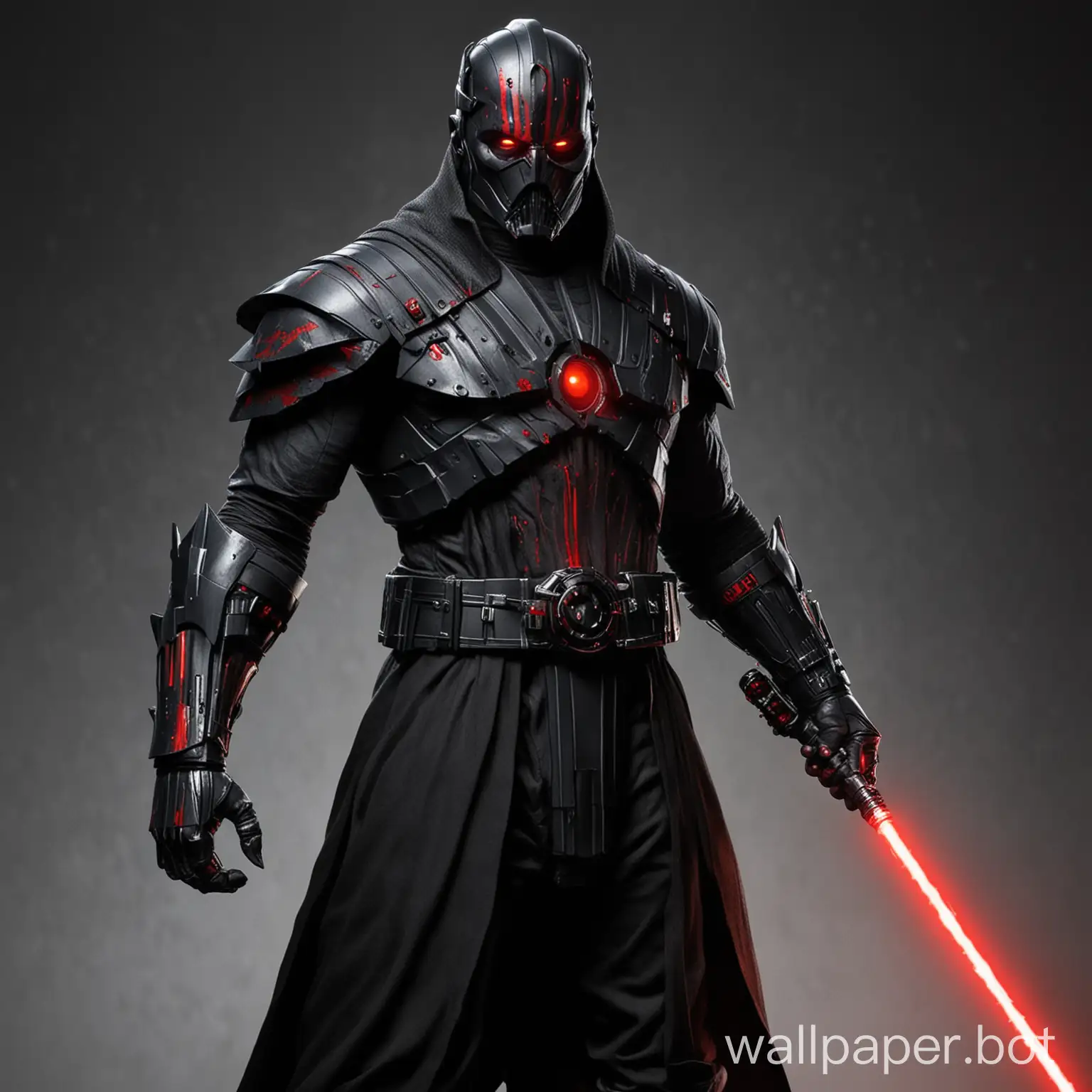 make me a dark lord of the sith with a edgy look, red eyes but well build and muscular, with a handsome face, has 2 red lightsabers out. let it seem like he stands above all others. Make his armor on the heavier side but still dark and well portioned.