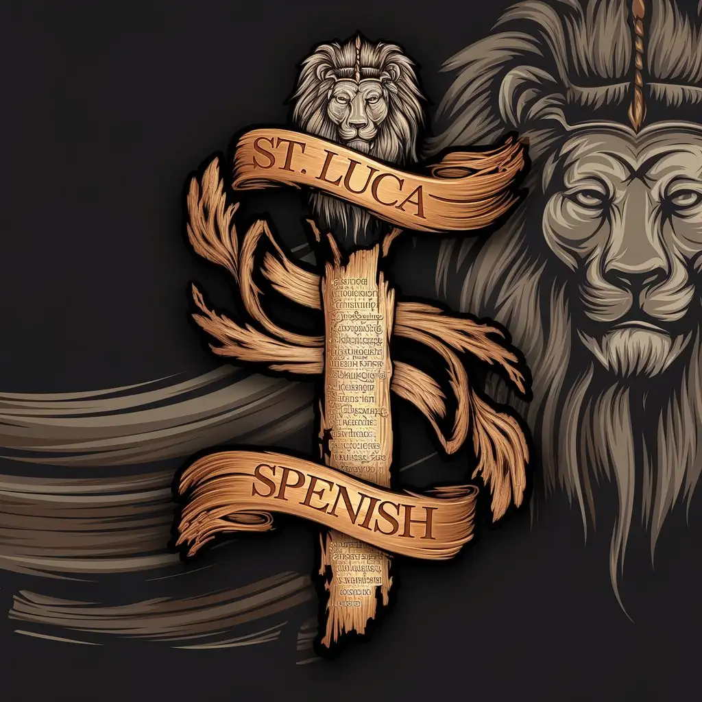 LOGO Design for St Luca Spanish Engraved Writing on Wood with Dark Spiritual Lion and African Mask Theme