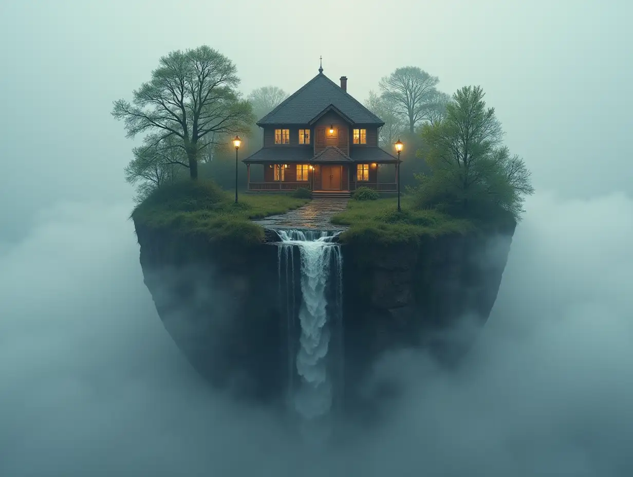 Create a globe, from the upper half of which a house with lanterns, forest, waterfall is protruding and with gray sky with fog