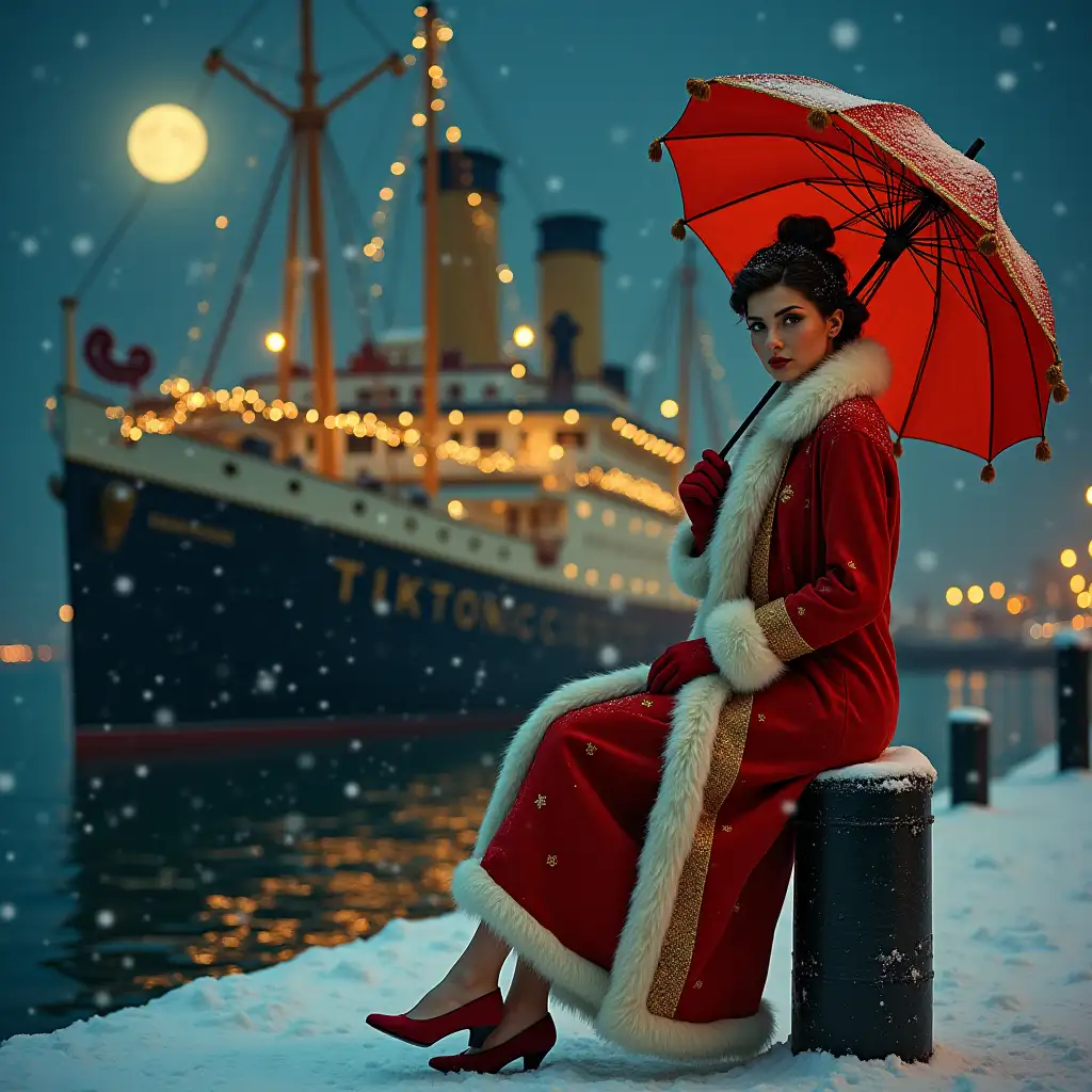 Romantic-1920s-Christmas-Scene-with-Vintage-Steamer-and-Elegant-Woman