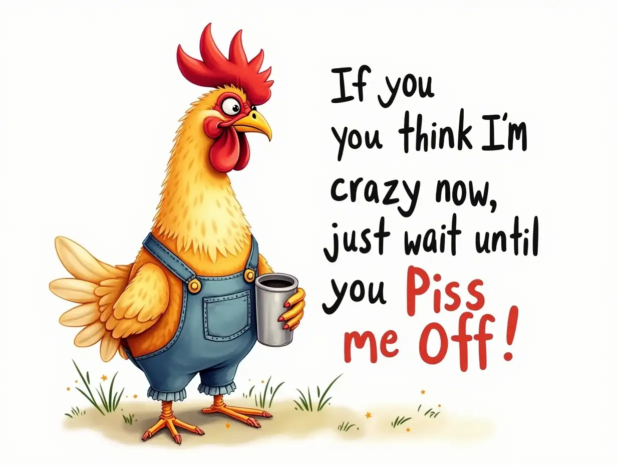 Vector. Create a detailed image of a caricature chicken with a mischievous expression, wearing overalls and a tumbler, set boho farmhouse background. The text 'If you think I'm crazy now, just wait until you Piss me off!' should be prominently displayed in bold, black letters. Watercolor