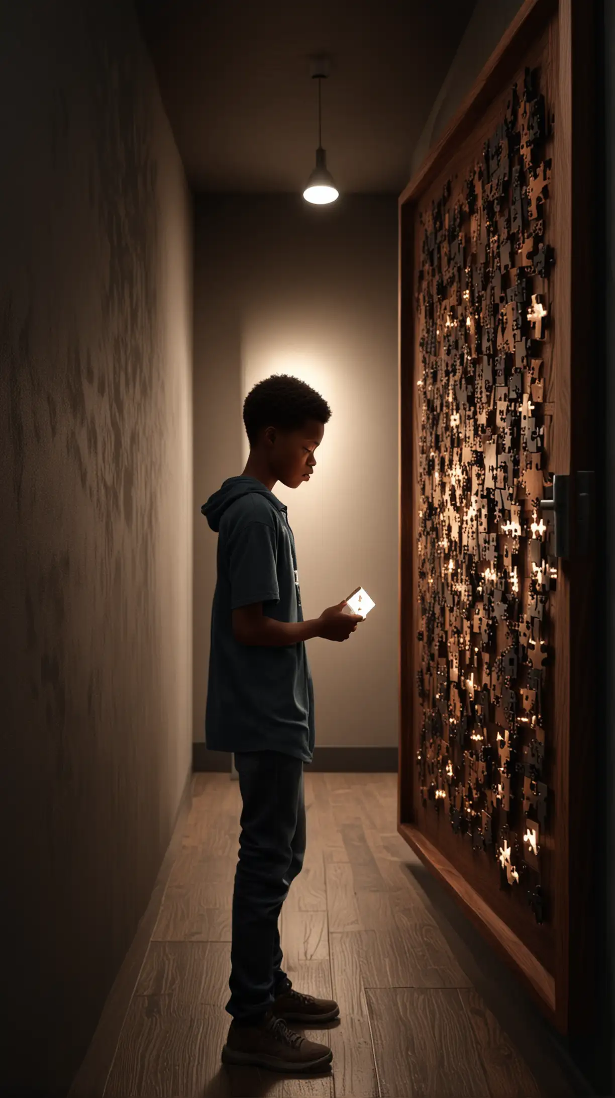 Teenage African American Boy Illuminates Giant Jigsaw Puzzle in Dark Hallway