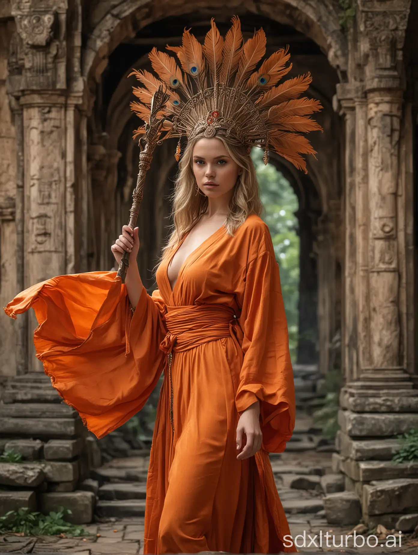 beautiful face of mia malkova in fluttering monk orange robe, fantasy-mystical style, serene, ancient buddhist temple background. She stands in a striking pose in an ancient ruin, wearing flowing robes and a peacock feather headdress while holding a scepter decorated with an intricate trident. She is presence exudes an aura of power and mystery, perfectly capturing the essence of an epic fantasy scene.