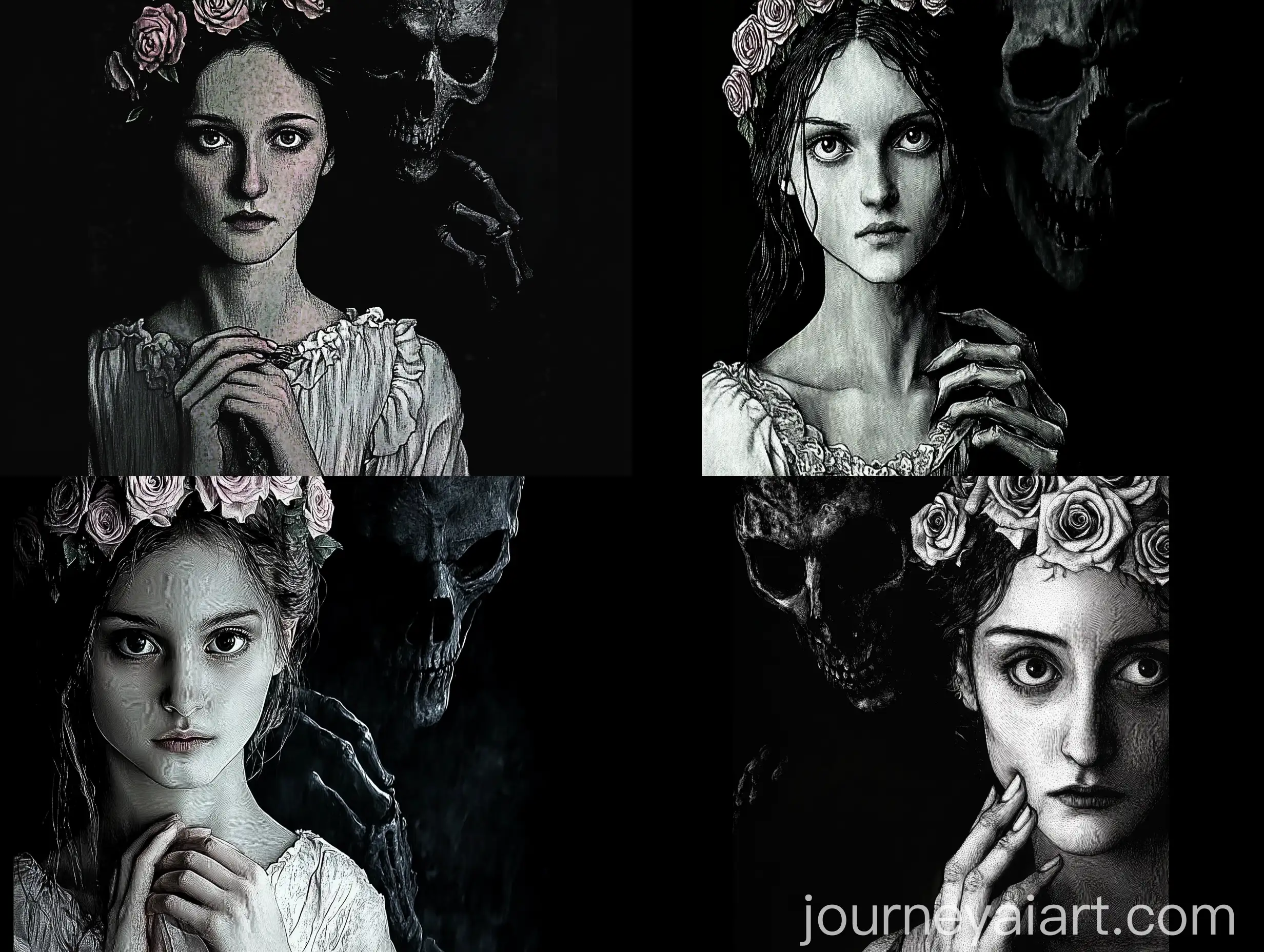 Young-Woman-with-Rose-Crown-and-Menacing-Figure-in-Dark-Background