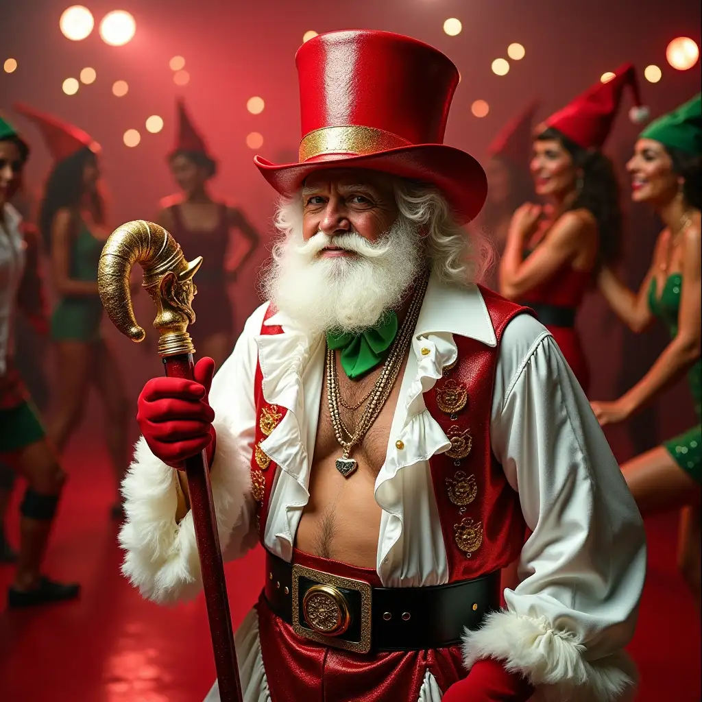 In the foreground, a 70s-style Santa Claus in a cool Christmas disco outfit, he is wearing a shiny red top hat and has a cool red walking stick with a golden elf head as a handle. A white and red shirt with ruffles and shiny red appliqués, a green bow tie tied around his neck, the shirt slightly unbuttoned, white curls on his chest, gold rings on his fingers and thick gold chains around his neck. In the background, a red and white disco dance floor with dancing elves