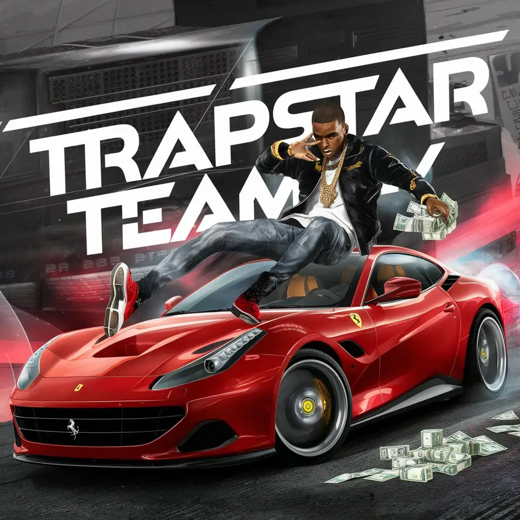 Репер с деньгами облокотился на Феррари, на фоне надпись  "TRAPSTAR TEAM"