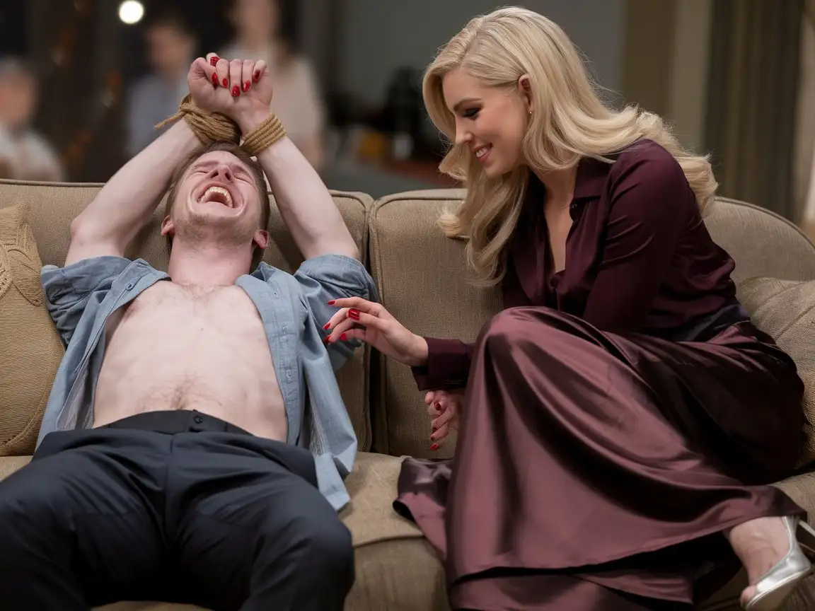 Caucasian-Man-Laughing-on-Sofa-with-Beautiful-Woman-in-Red-Outfit