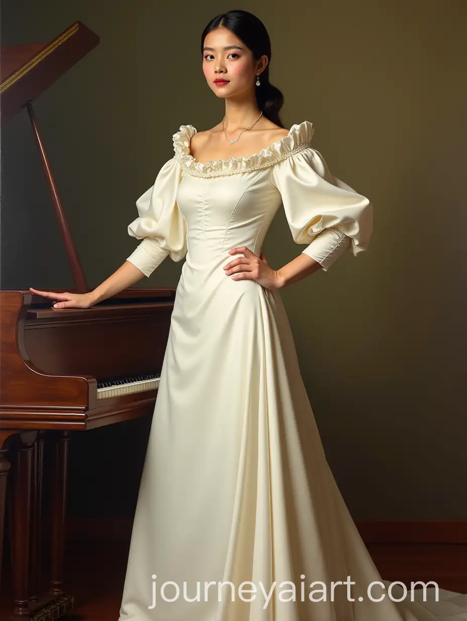 FullBody-Oil-Portrait-of-Young-Thai-Woman-in-White-Ivory-Satin-Gown-by-Piano