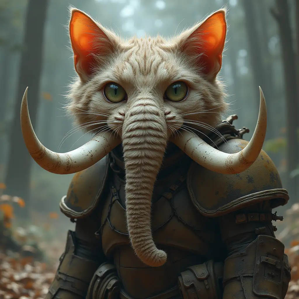 A mix of a cat with an elephant trunk and armor long tusks