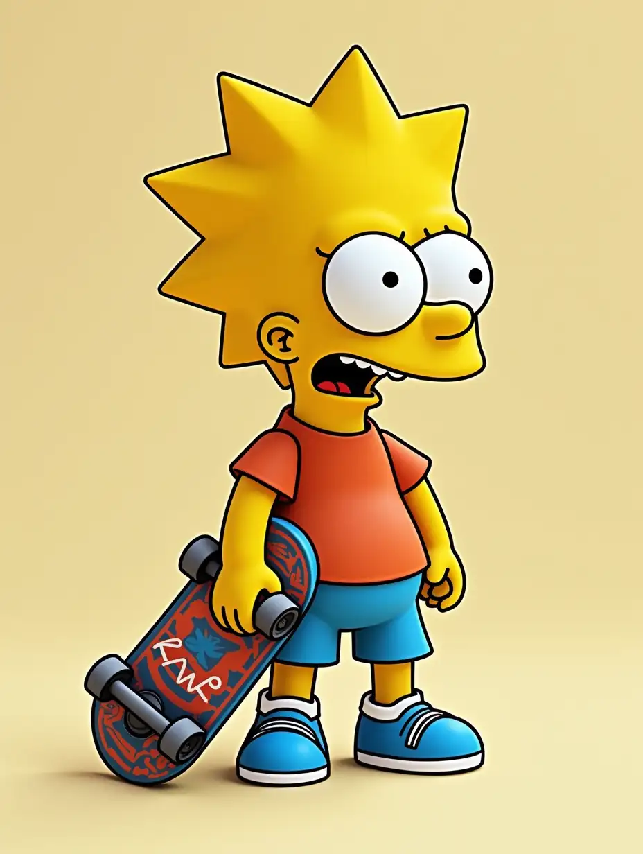 Create a posable action figure set based on the character Bart Simpson, keeping their distinct features. The set includes one figure modeled after the photo’s character, along with skateboard, slingshot . The packaging box is titled BART in bold text
