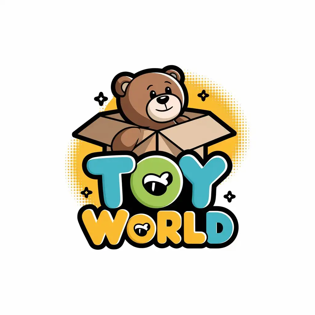 a vector logo design,with the text "Toy world", main symbol:teddy bear in a box,Moderate,clear background