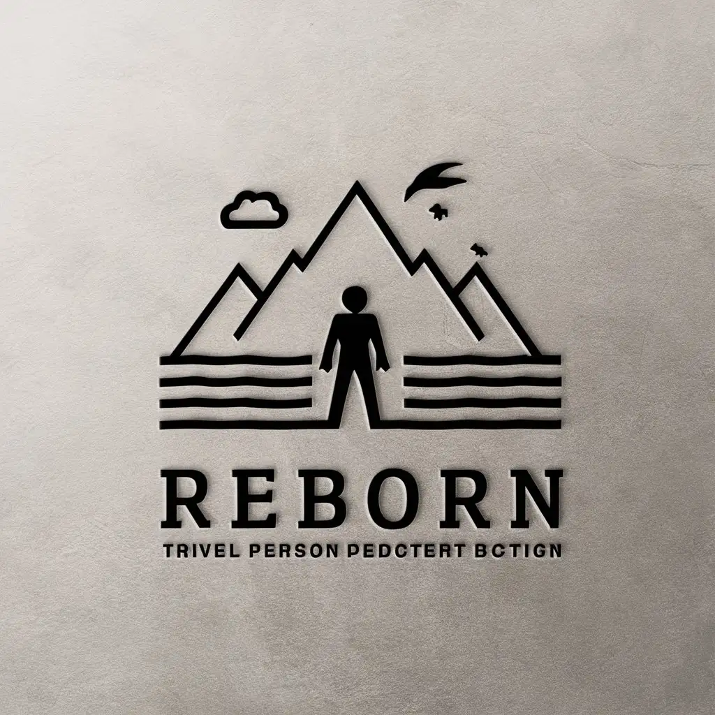 a vector logo design,with the text "text: Reborn", main symbol:person, mountains, sea, spitz,Moderate,be used in Travel industry,clear background