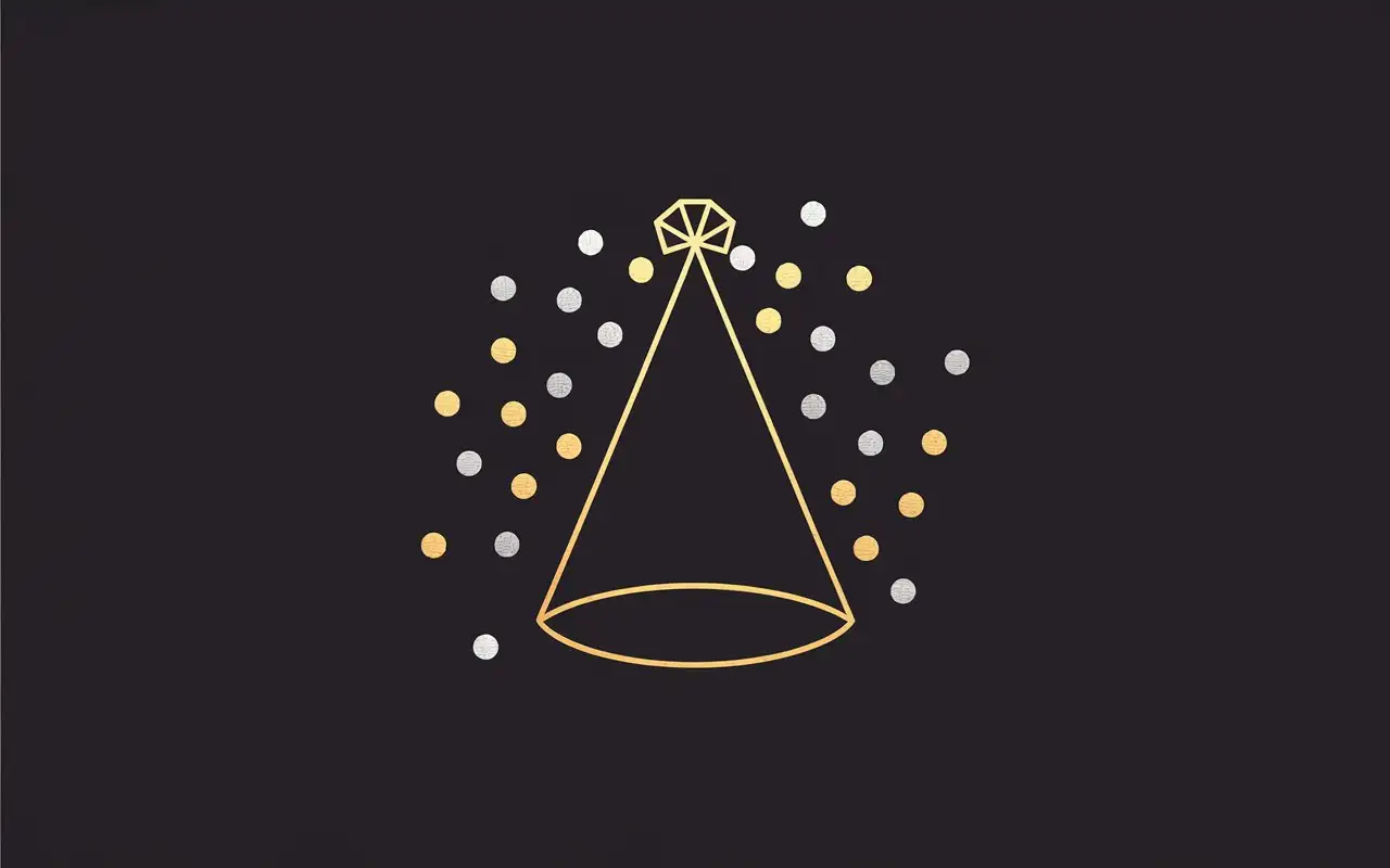 A minimalist logo featuring a sleek cone-shaped party hat with a simple gold outline, topped with a small geometric pompom, surrounded by delicate confetti dots in metallic silver and gold, set against a solid black background.