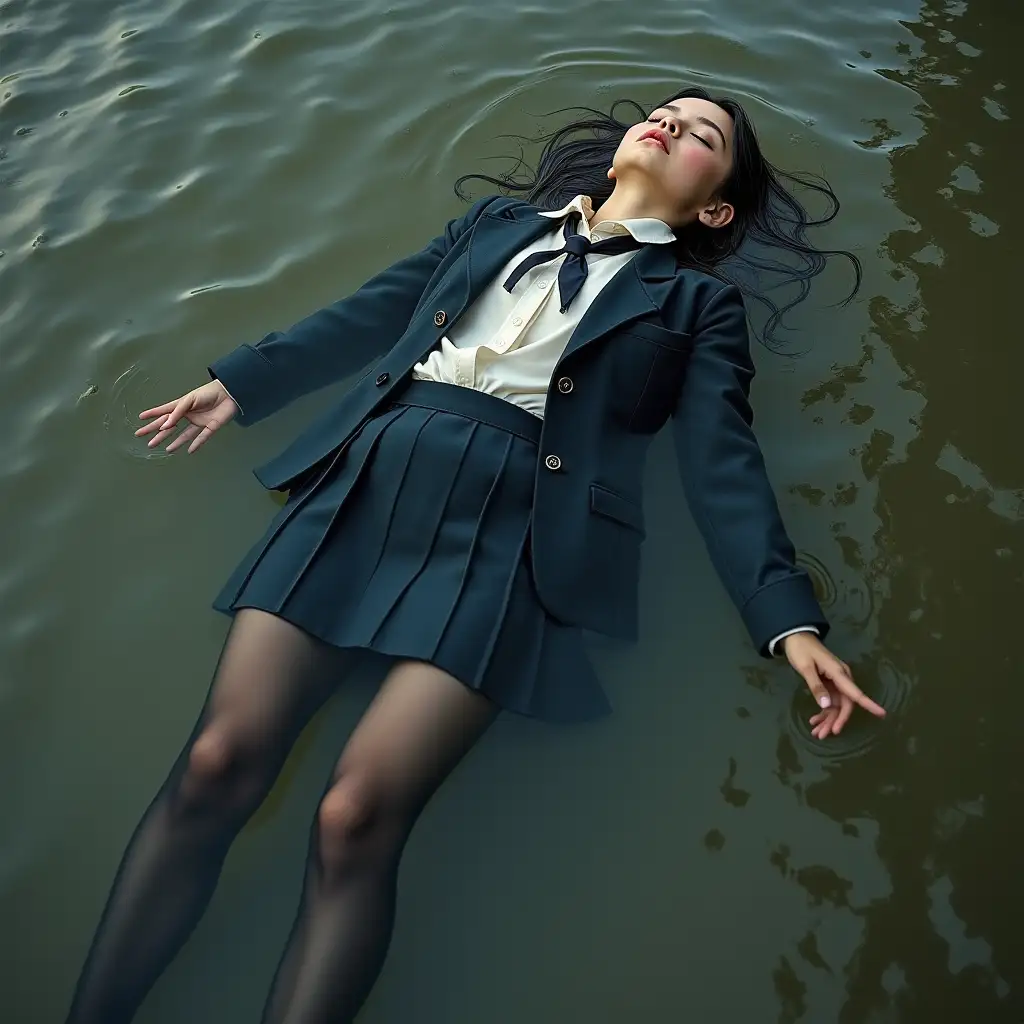 Schoolgirl in a school uniform suit, in a skirt, jacket, blouse, dark tights, high-heeled shoes. Wet clothes. Undrewater. She is swimming in a dirty pond, lying underwater, all her clothes are completely wet, wet clothes stick to her body, the whole body is underwater, submerged in water, under the surface of the water, below the water's edge.