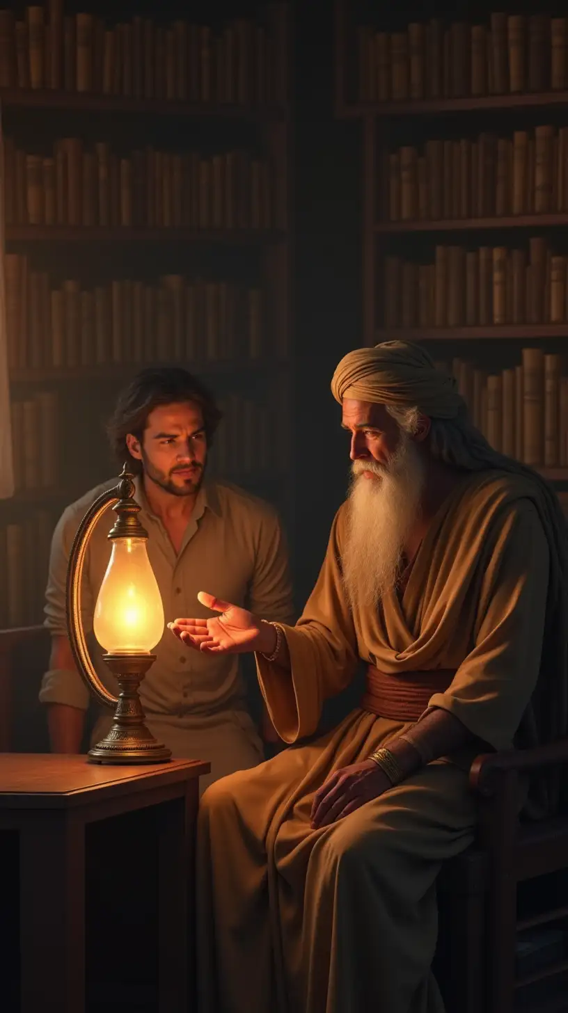 Wise Man Sharing Knowledge in a Serene Desert Room