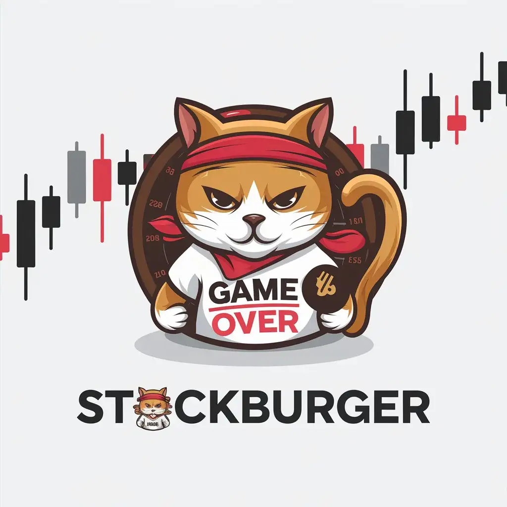 LOGO Design for StockBurger Minimalist Cat with Red Bandana Game Over TShirt and Trading Candles Background