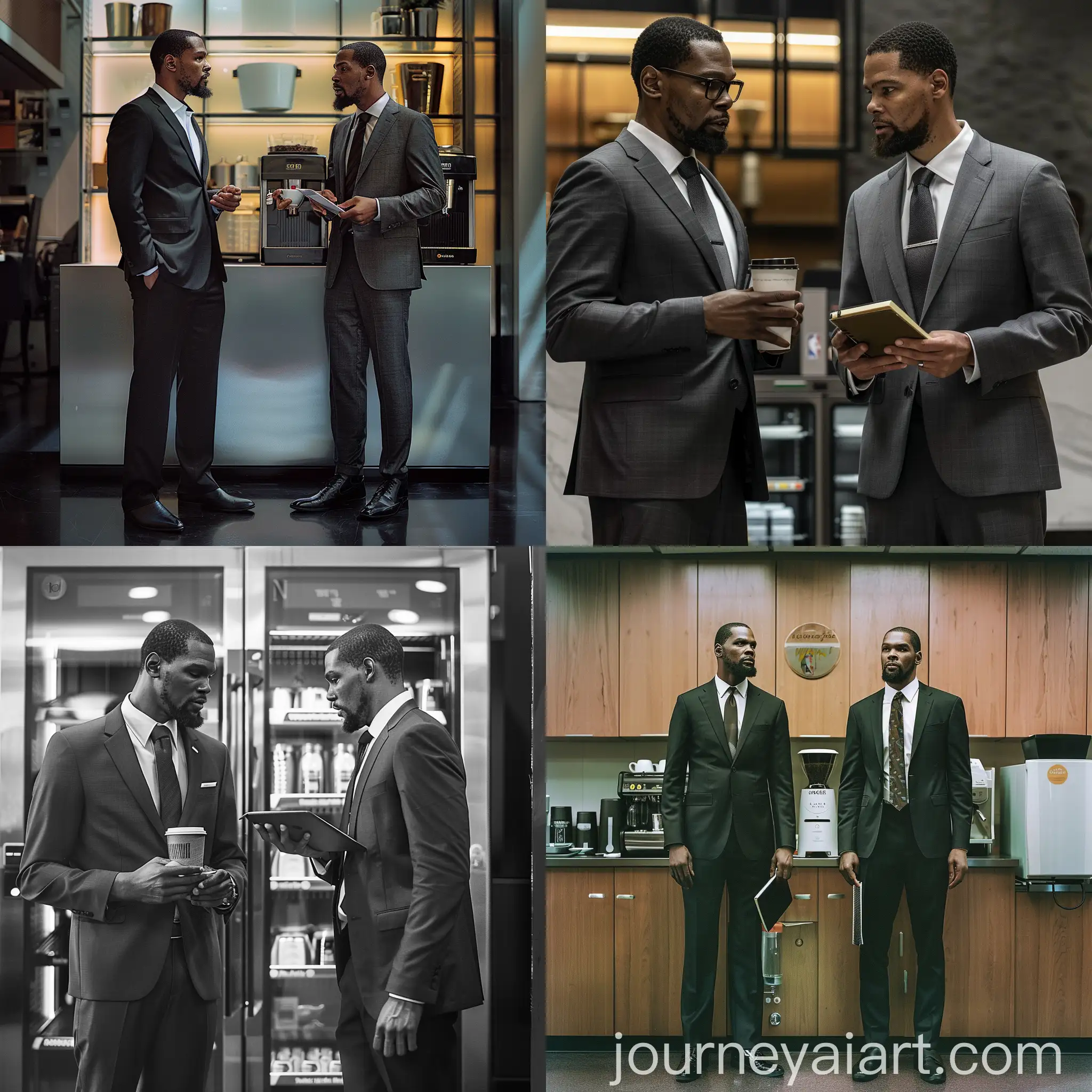 Kevin-Durant-and-Stephen-Curry-in-Suits-with-Notebook-at-Coffee-Machine-in-Office-Setting