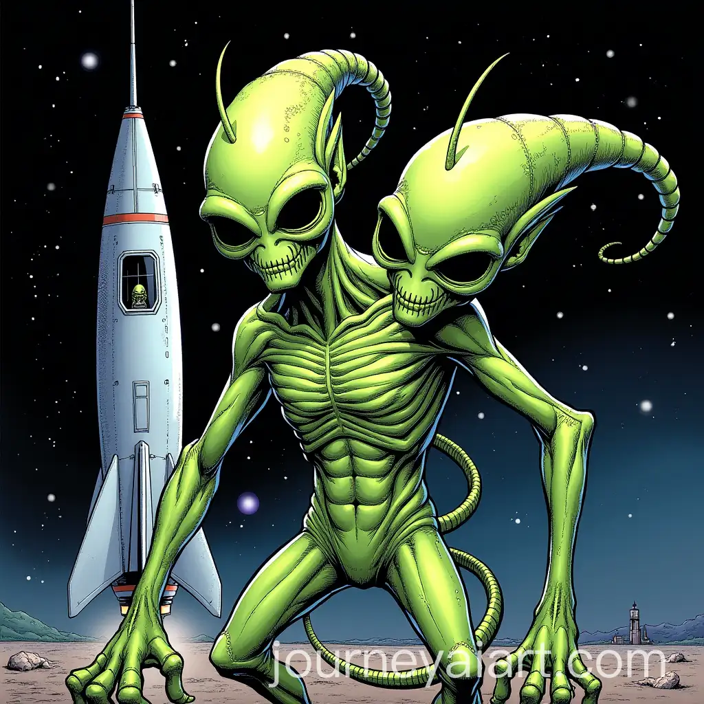 TwoAI-Image-Prompt-ExpansionHeaded-Green-Alien-with-Tentacles-and-Silver-Rocket-Ship-in-Cosmic-Space-Background