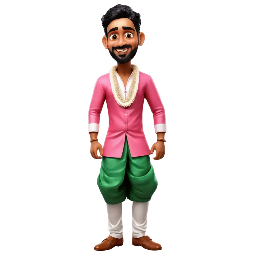 South-Indian-Wedding-Caricature-in-Pinkish-Outfit-Groom-in-Lungi-PNG-Image