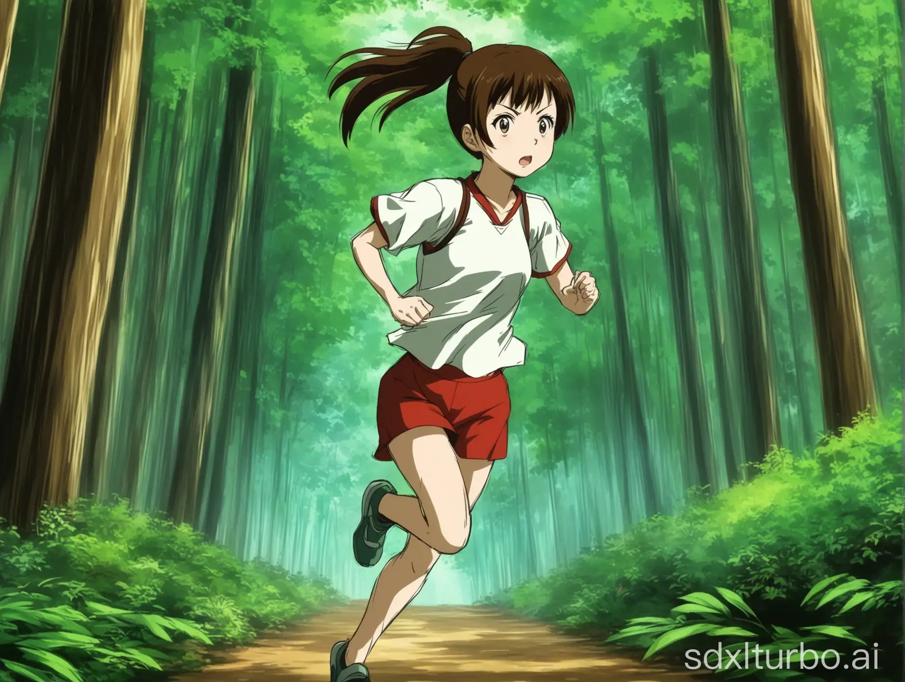 Japanese anime style，a girl with ponytail haircut  is running in the forest