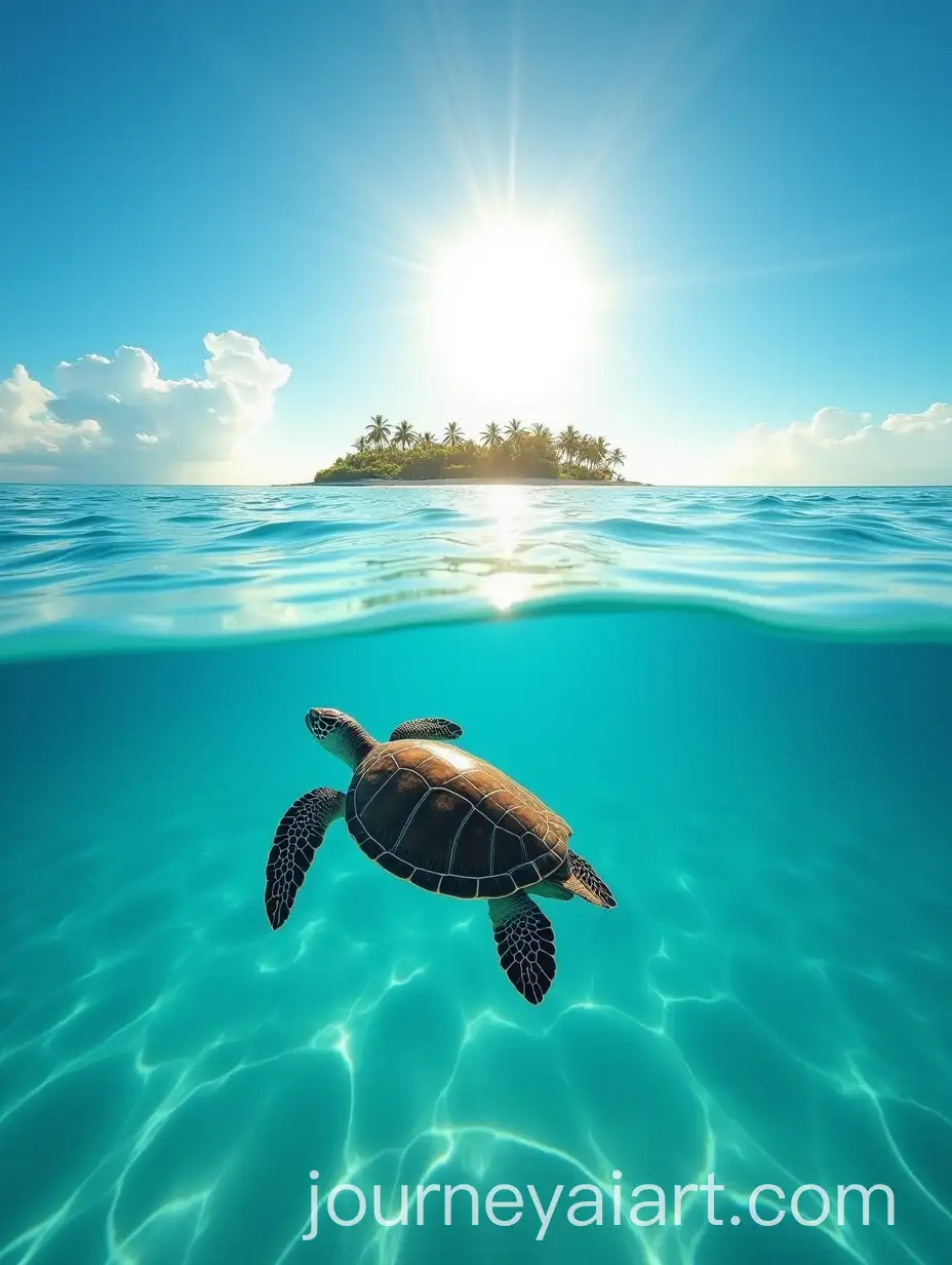 Sea-Turtle-Swimming-in-CrystalClear-Turquoise-Waters-Under-a-Blue-Sky