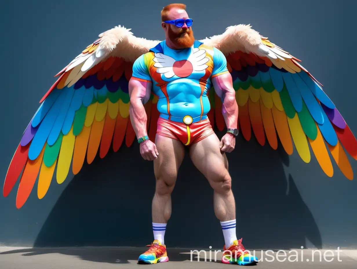 Colorful Bodybuilder Daddy Flexing Arm in Rainbow Jacket and Doraemon Goggles