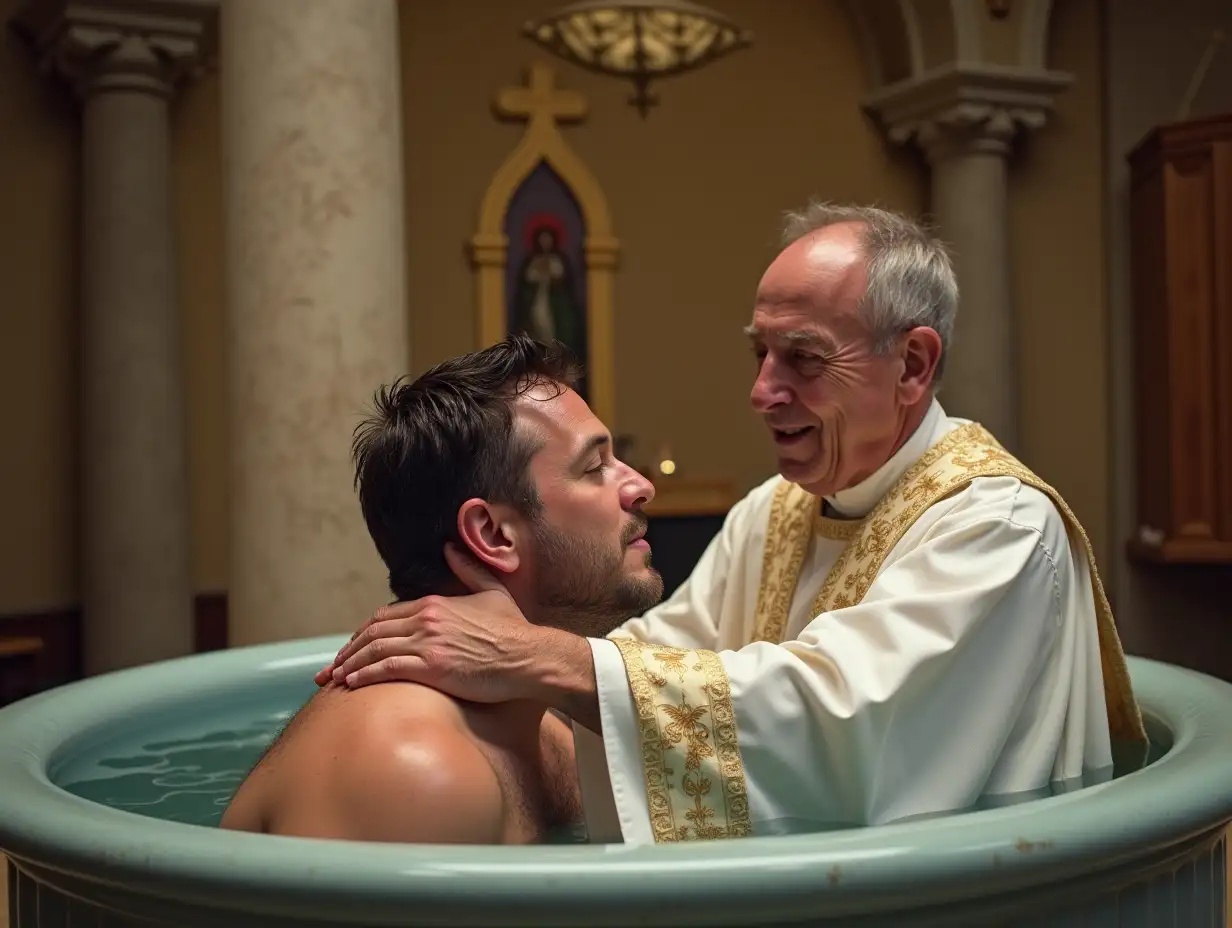 Priest trying to baptise a grown man in a baptismal font. Style: humor