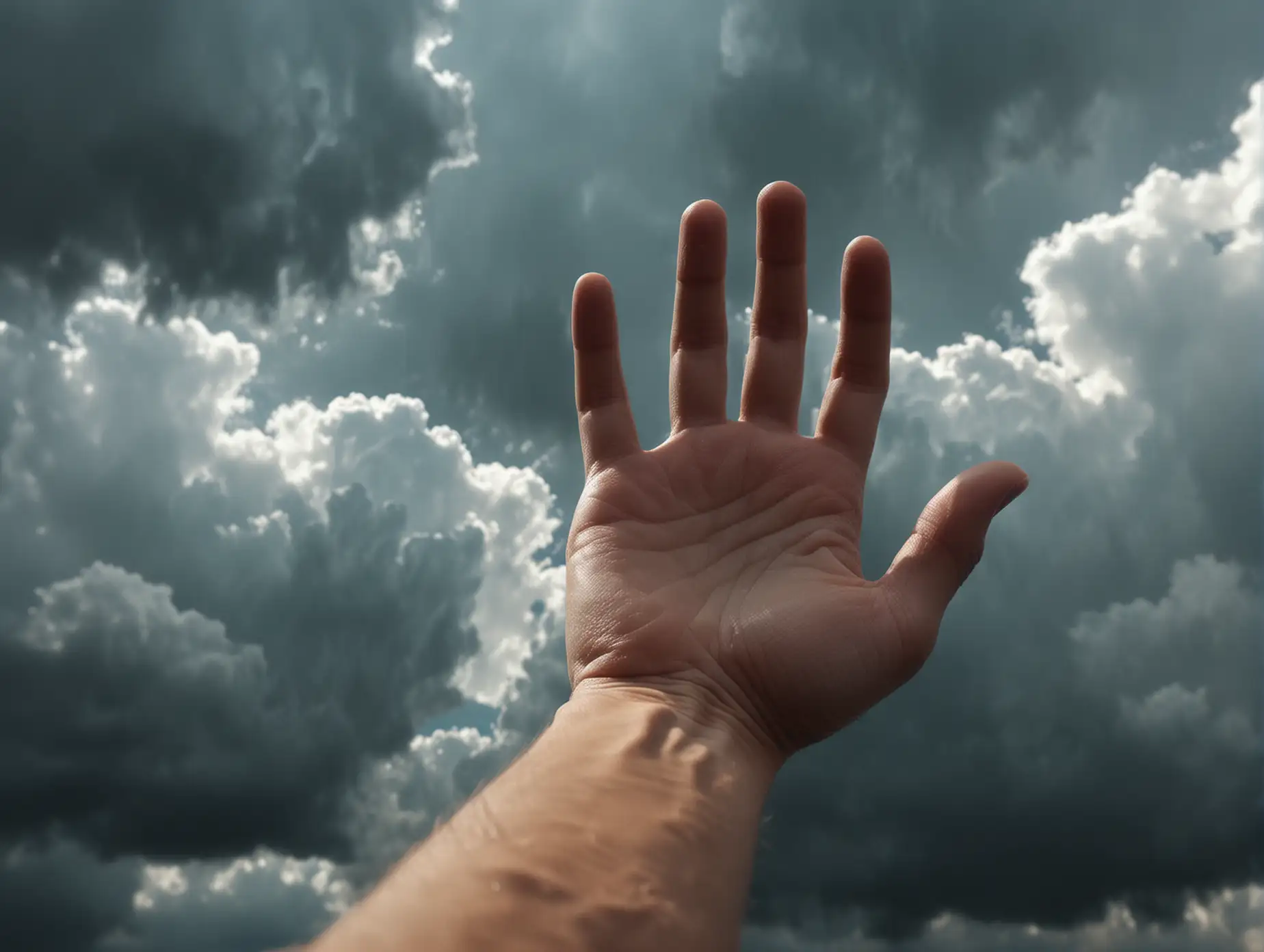 bodycamera point of view: a realistic human hand reaching out into the cloudy sky, exuding a cinematic quality with toned color grading, evoking a dreamy, ethereal atmosphere, with a shallow depth of field that blurs the surrounding landscape, transporting the viewer to a surreal, dreamcore world infused with a hint of weirdcore whimsy, dark storm aesthetic