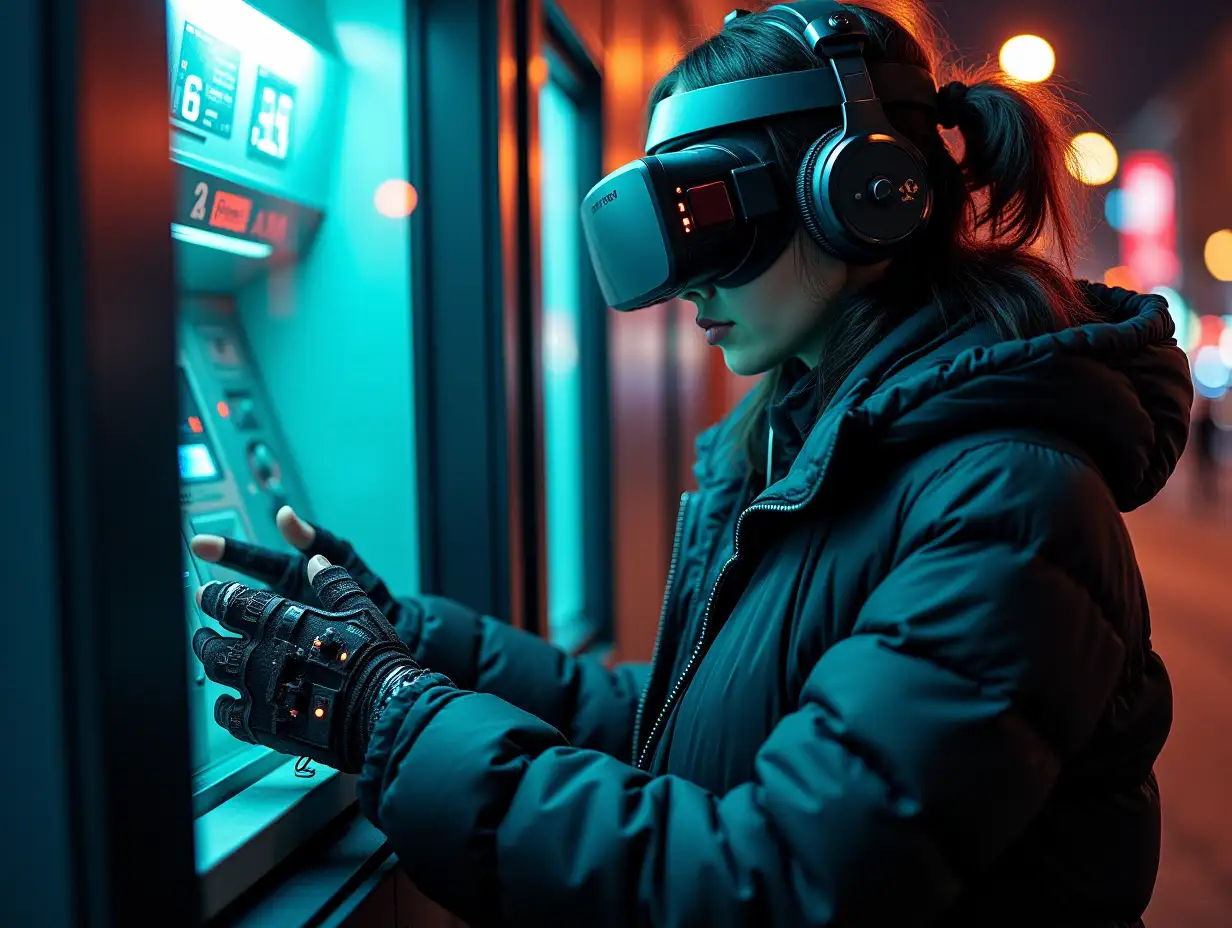 a young stealth female hacker on a street at night, programming atm machine, excessive and complex techwear, hands covered, wearing puffer jacket, cybernetic headband, vr goggles, headphones, smartwatch over full electronic gloves, overflowing with wearable cyberpunk hardware, many wires connected from atm to gloves