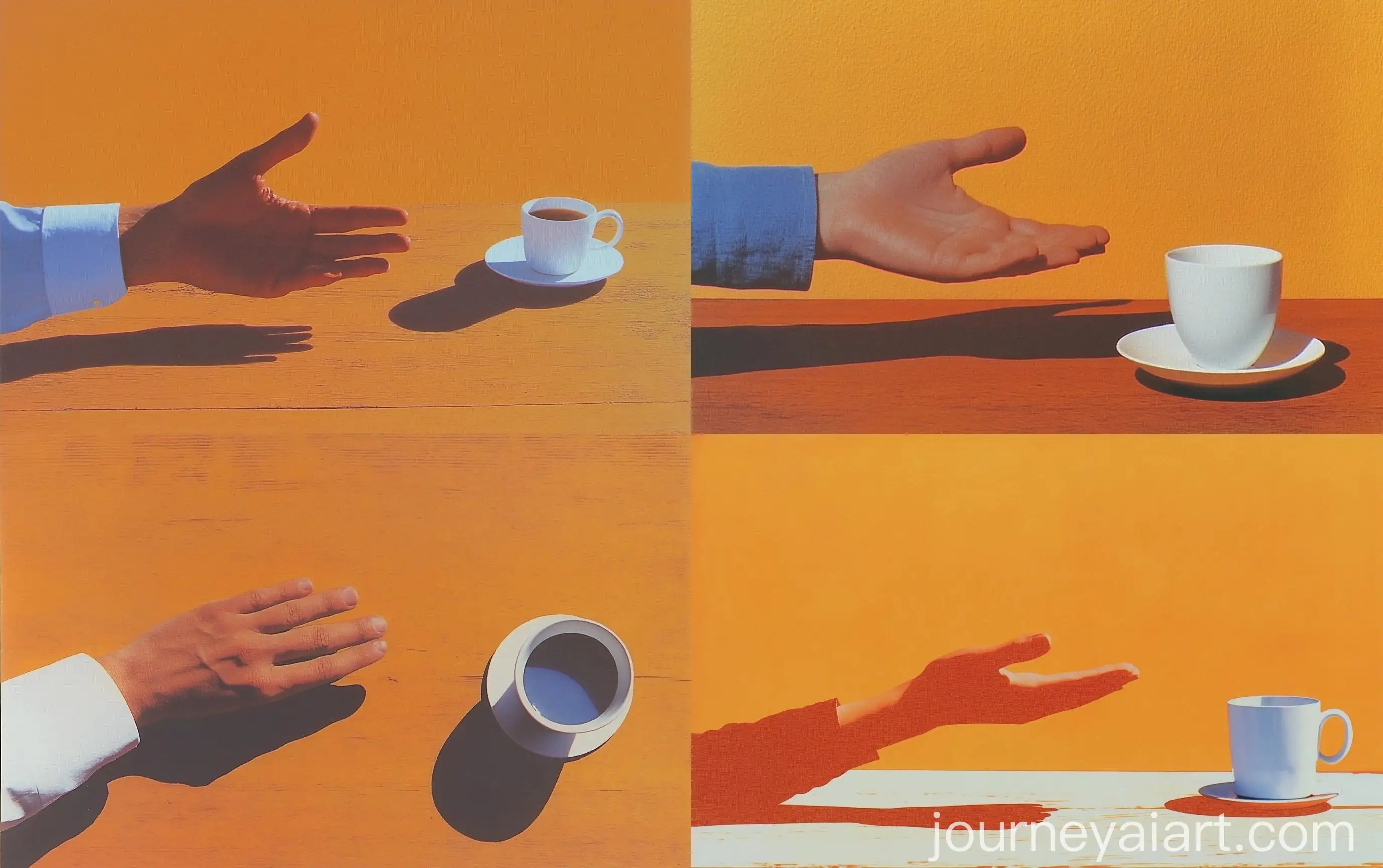 Top-View-of-Hand-on-Wooden-Table-with-White-Cup