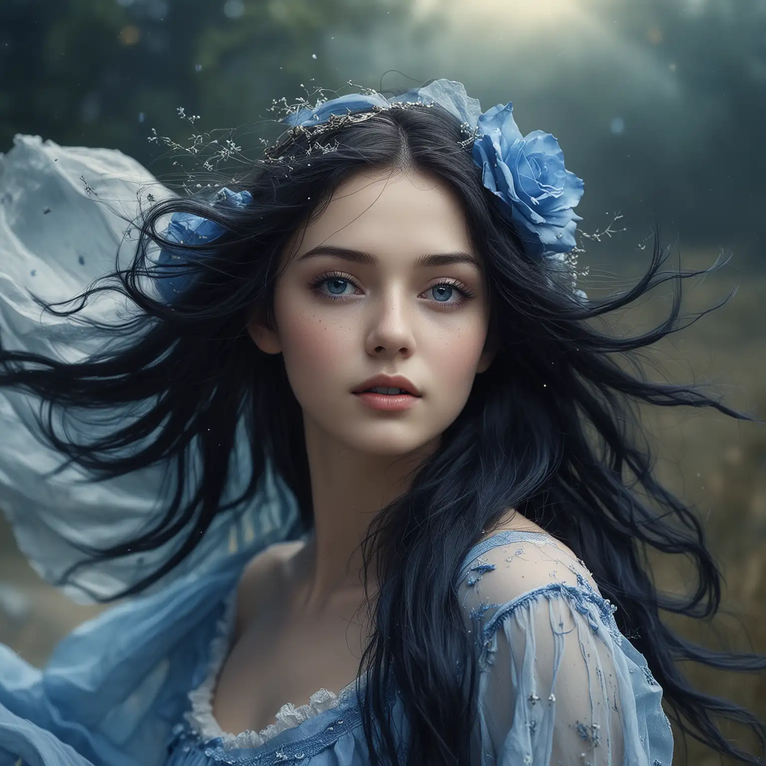 Photography, three-dimensional ancient wind, country landscape photography, dreamy, starry-eyed blue rose spirit woman, black and blue long hair fluttering in the wind, delicate features, beautiful makeup, light blue eyes, very simple, charming figure, wearing blue gauze, simple hair accessories, background is ink color, Rembrandt lighting, super high definition, detailed