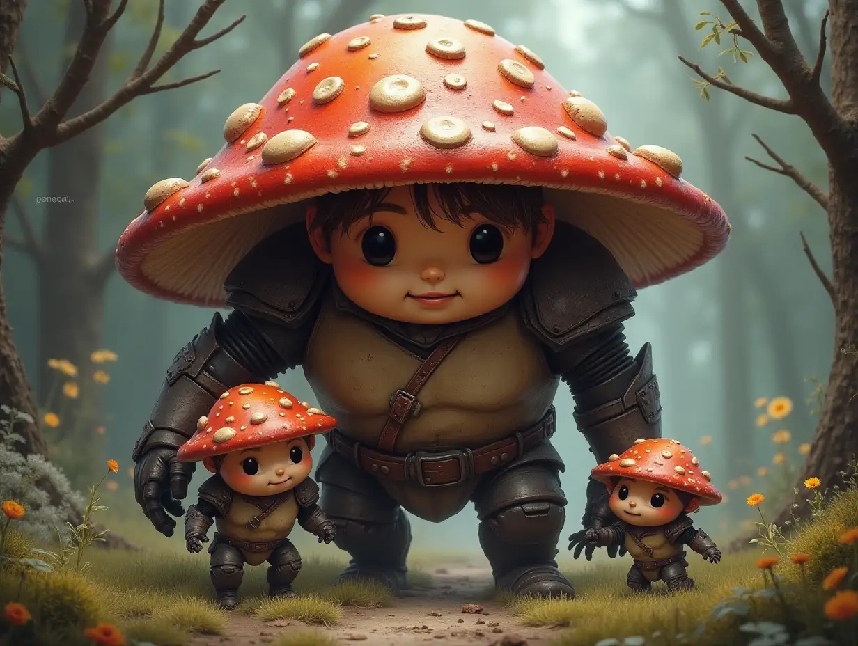 Ki fantasy Family giant Mushroom face and with Metal armor equipment