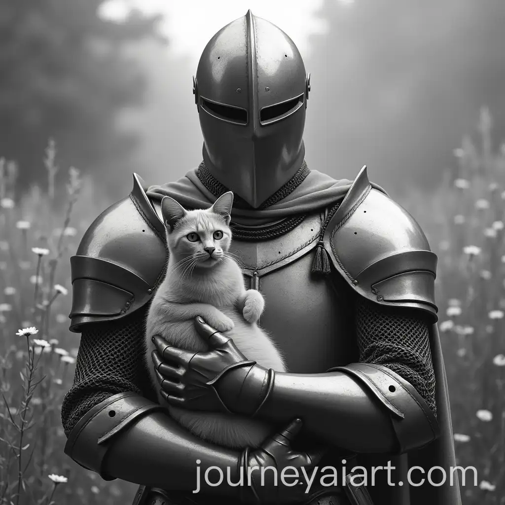 Knight-Holding-a-Cat-with-Flowers-in-the-Background-Black-and-White-Image