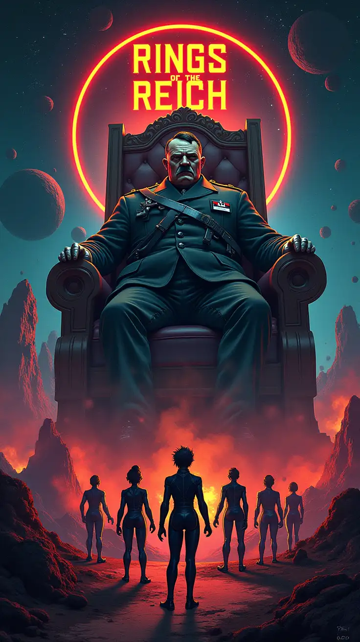 Design a vibrant, dramatic sci-fi poster for a space opera titled Rings of the Reich: Seeds of Chaos. The artwork should feature a dark, fortified asteroid base (Facility 42) glowing with eerie lights, surrounded by treacherous asteroids disguised as mines. In the foreground, showcase Heavy Hitler—a bloated, maniacal figure that looks like an obese adolf hitler in a futuristic armored hover-throne, his piercing eyes filled with ambition. He should loom menacingly over his creations: a mischievous Space Squirrel leader, Squeaks, wielding a tiny sparking jetpack, and a group of sleek Sexy Sharons in black bodysuits, striking synchronized combat poses. The background should depict a chaotic, star-filled galaxy with a looming threat of battle—explosions, rival ships, and a shattered Federation emblem. Highlight a tagline like, 'In a galaxy teetering on chaos, genius and madness collide.' Use bold, retro-futuristic typography for the title and tagline, blending a sense of adventure with a dark comedic tone. Ensure the colors are rich and vibrant, emphasizing deep blacks, glowing reds, and metallic silvers to reflect the tone of the story.