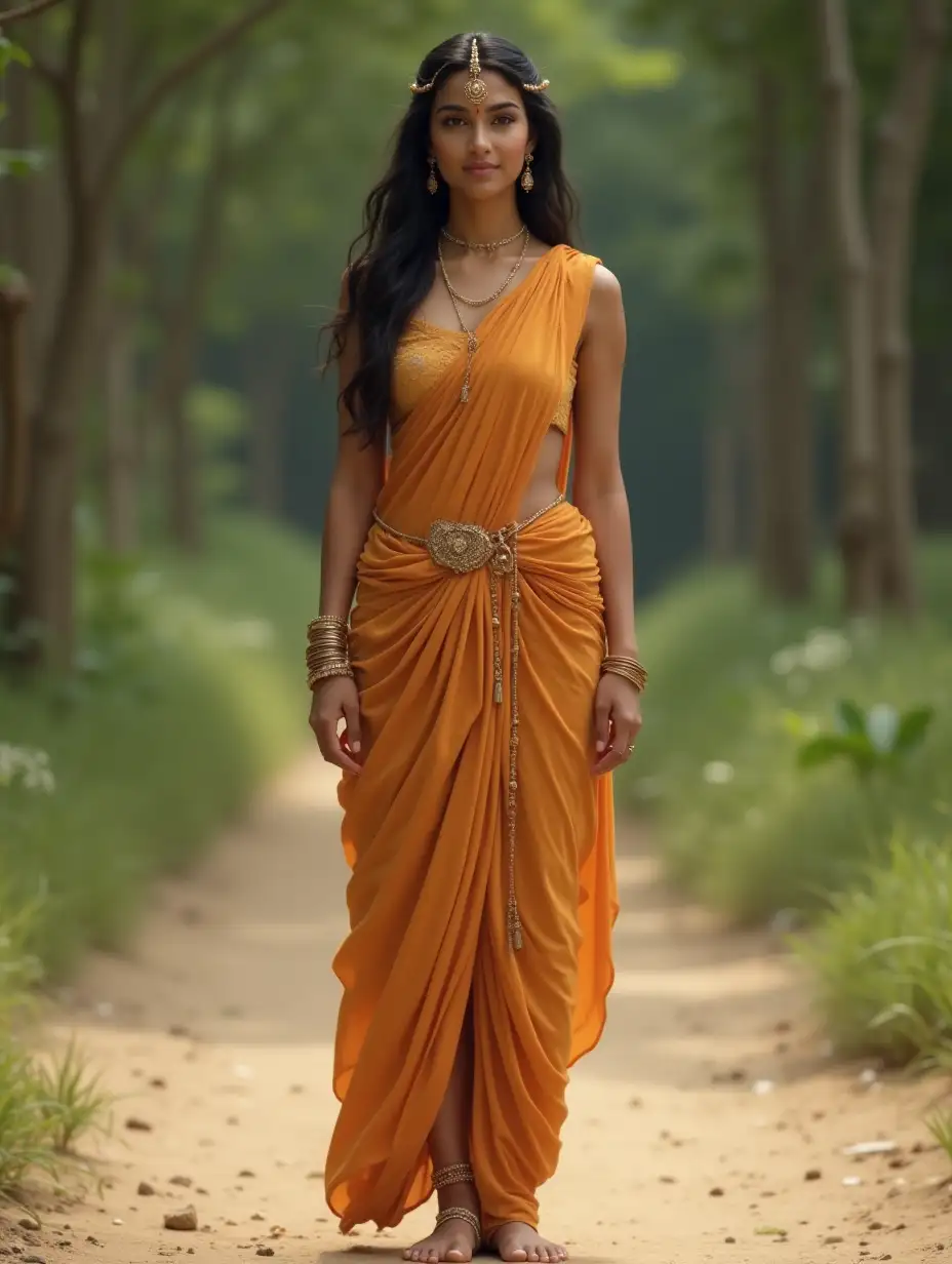 A full-body, head-to-toe pose of Kripi, a beautiful woman from the Indian epic Mahabharata, standing barefoot on soft earth in a serene natural setting. She is dressed in traditional ancient attire, a flowing sari or robe that drapes elegantly around her figure. Minimal yet regal jewelry adorns her, reflecting her noble heritage, with a distinctive, ornate bindi placed delicately on her forehead, symbolizing grace and spiritual depth. Her long, dark hair is styled neatly, and her compassionate eyes radiate maternal love, wisdom, and serenity. Kripi’s calm, dignified presence exudes quiet resilience and strength amidst the chaos of her family’s story.