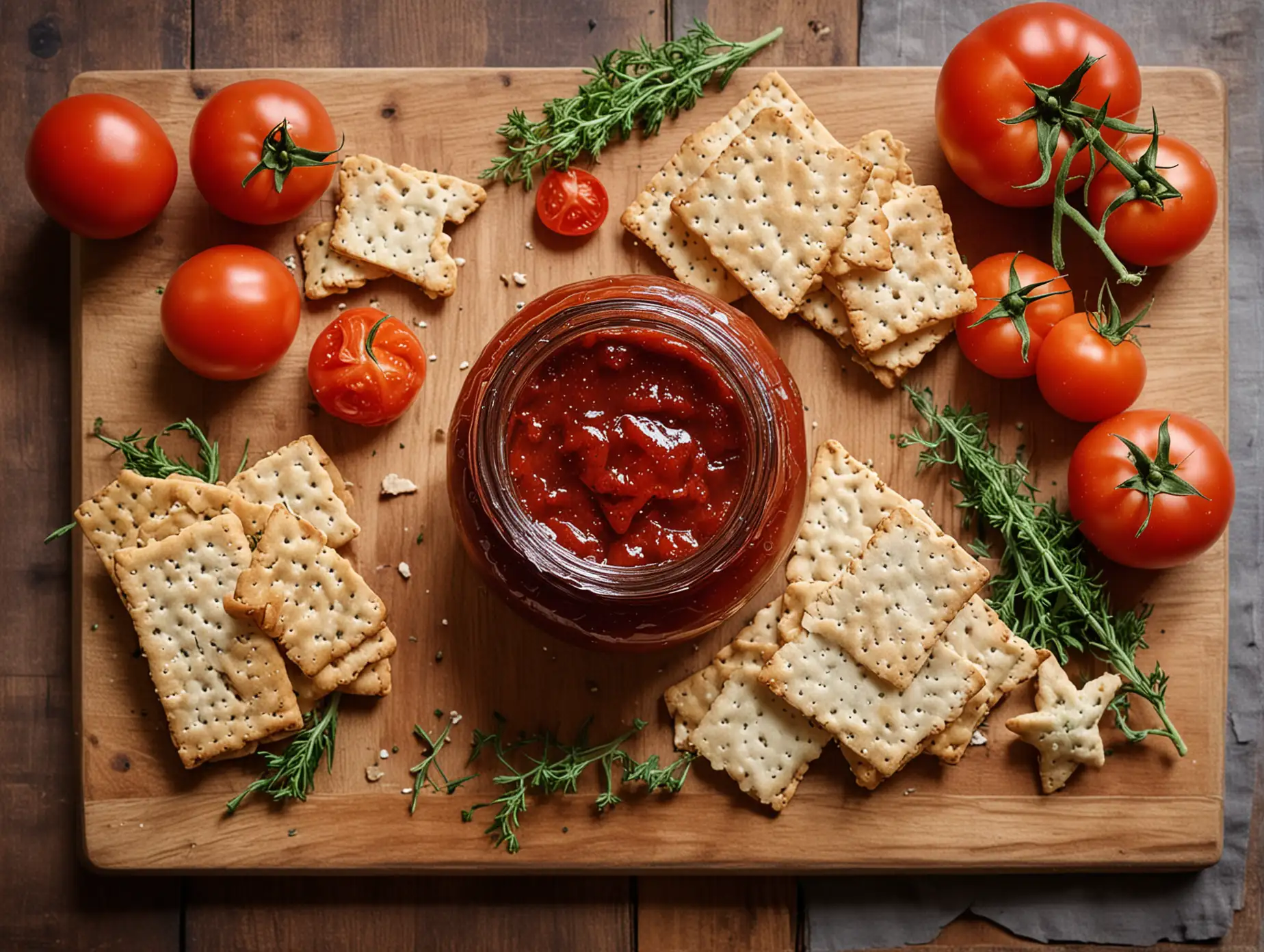 A jar of tomato jam, surrounded by fresh tomatoes, herbs, and artisanal crackers on a wooden board.