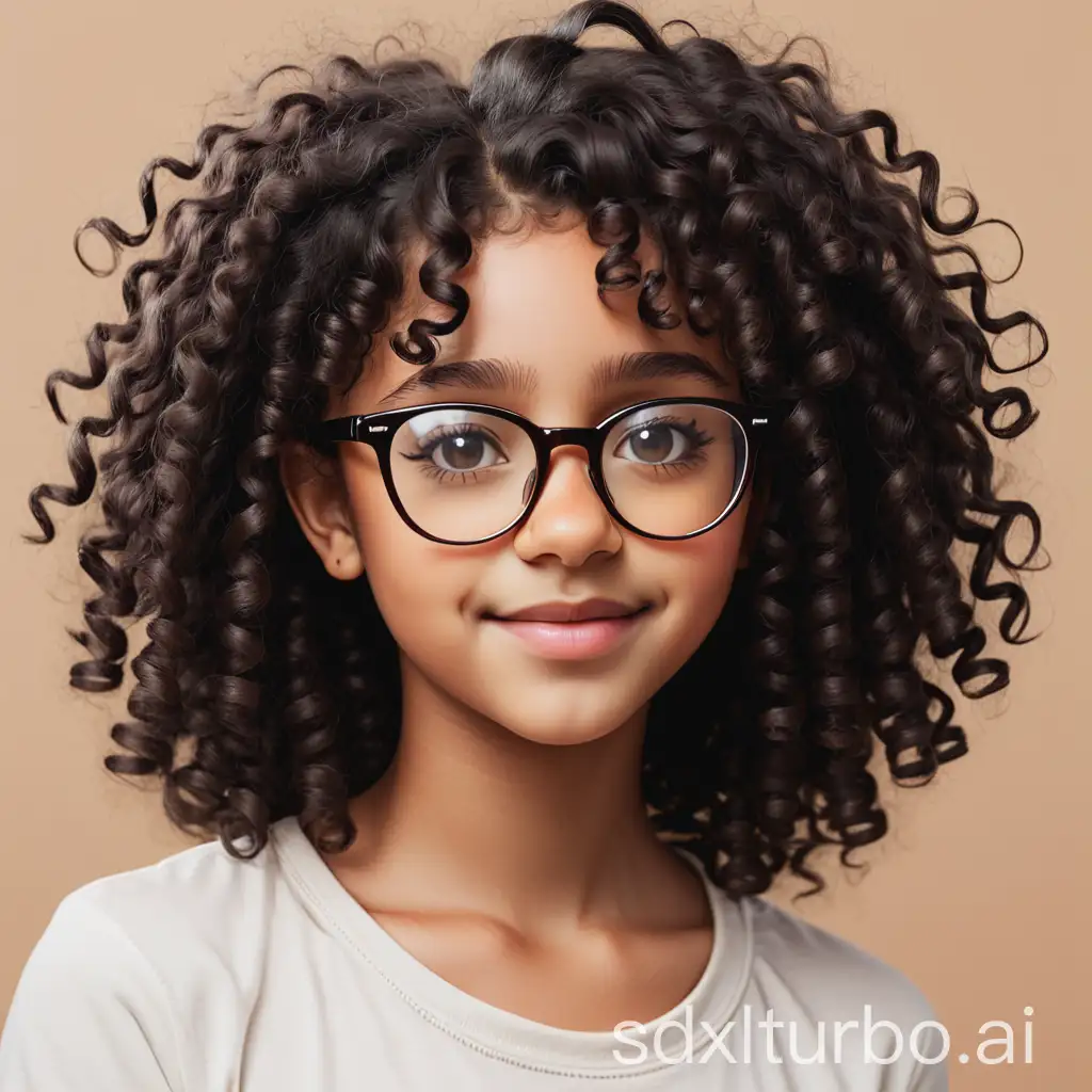 a girl with curly black hair and glasses with a light brown skin color