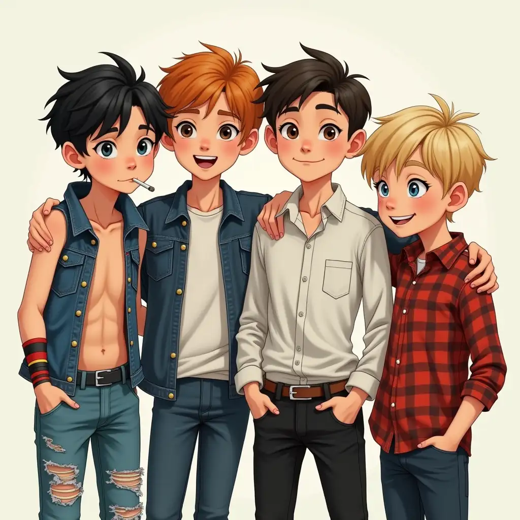 Group-of-Four-Boys-Hanging-Out-Outdoors-in-Casual-Clothing