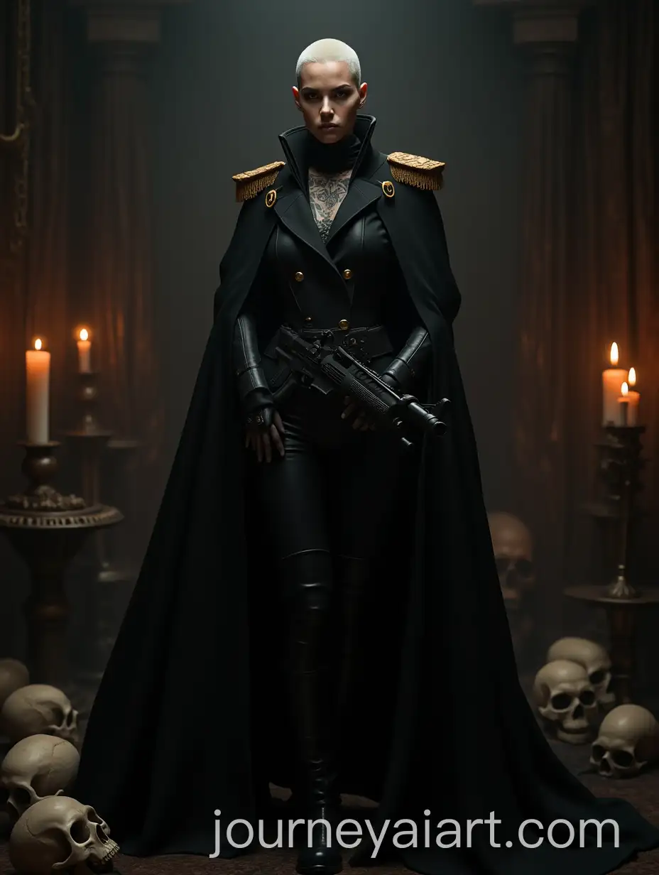 Bald-Tattooed-Female-Naval-Admiral-in-SciFi-Room-with-Sniper-Rifle