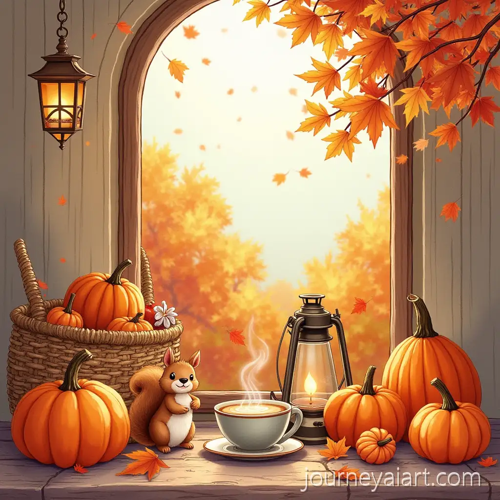 Cozy-Autumn-Scene-withAutumn-cozy-scene-Pumpkins-Fall-Leaves-and-a-Playful-Squirrel