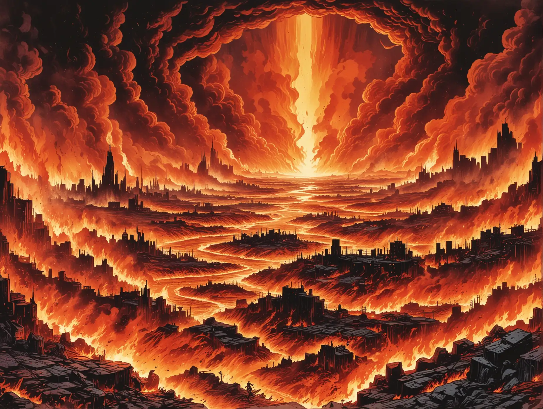 Vintage Comic Book Drawing of Hell Landscape with Flames and City