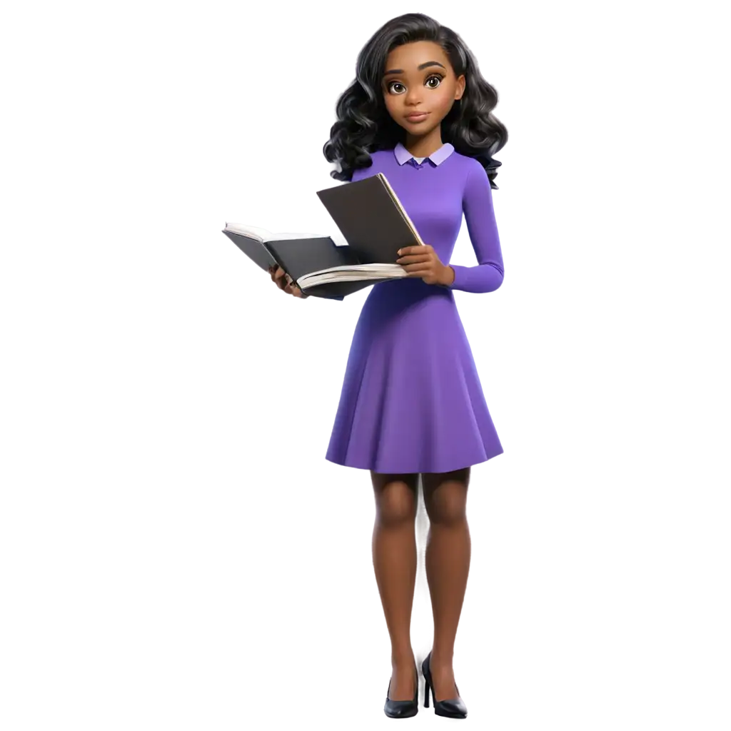 PNG-Image-of-a-Black-Girl-with-Straight-Hair-Holding-a-Notebook-in-a-Purple-CartoonStyle-Dress