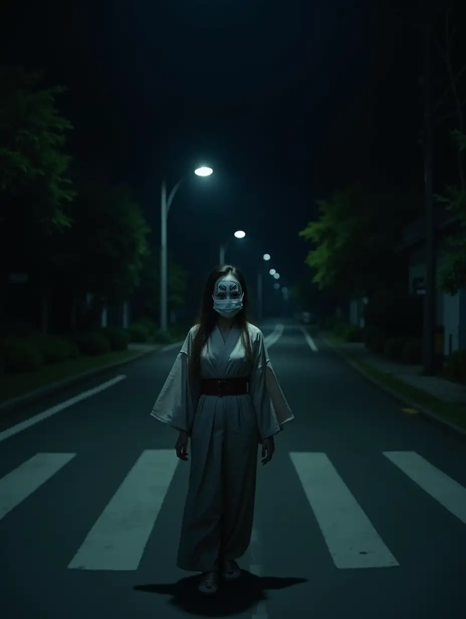 A lone pedestrian on an empty street at night. Suddenly, a pale woman with a wide smile, wearing a medical mask and a kimono (kuchisake onna) appears in front of him. The road is dark with long shadows on the ground, while she stands there with a mysterious and frightening expression.