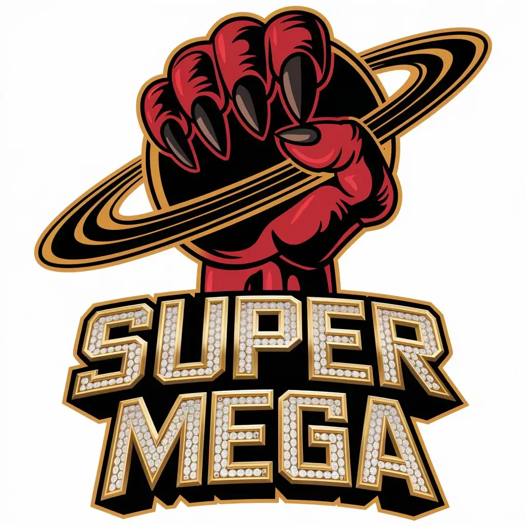 LOGO Design for SUPER MEGA Red and Black Monster Hand Gripping a Planet with Gold Diamond Font