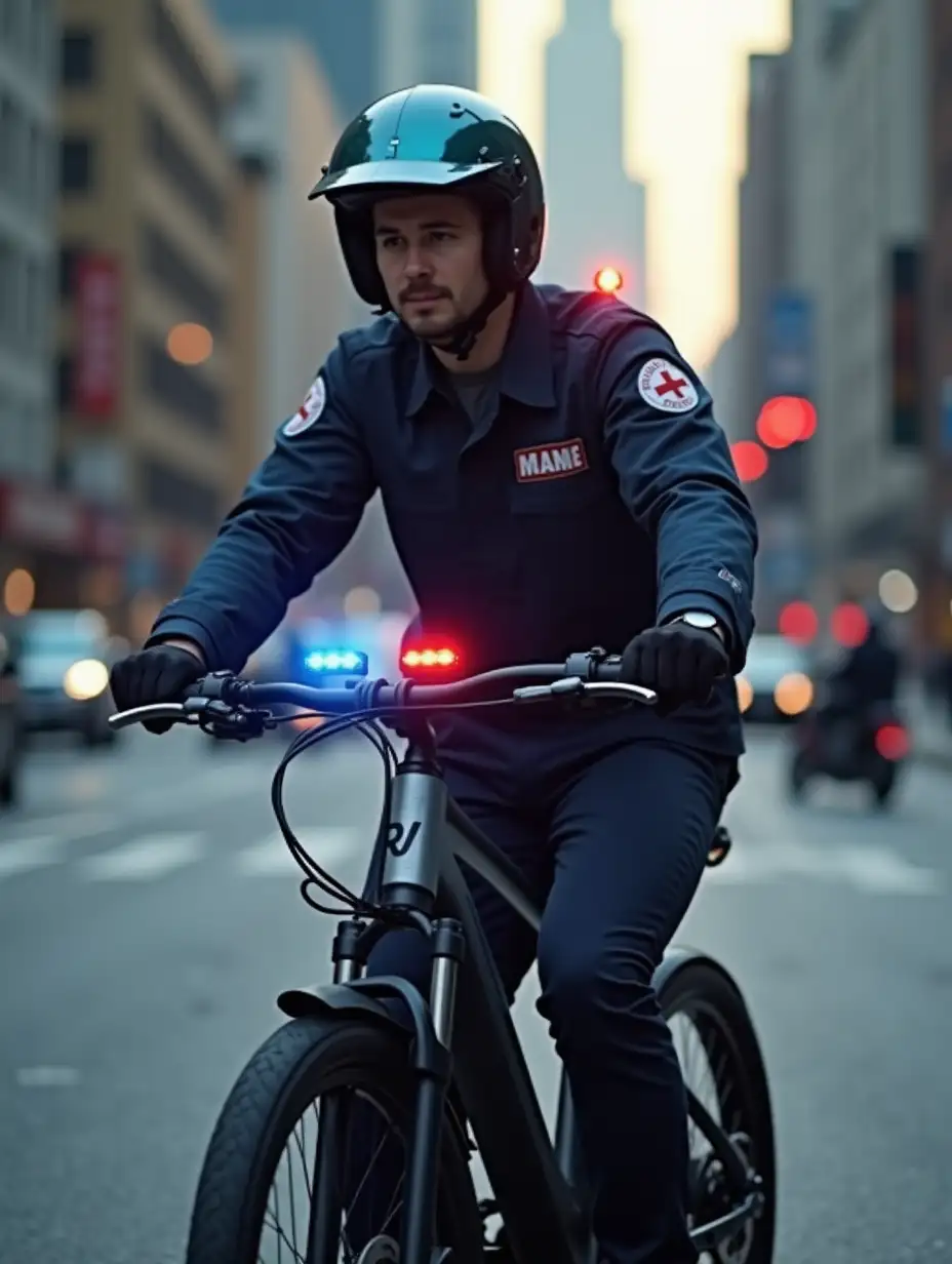 Paramedic-Riding-EBike-in-City-with-LED-Helmet-Lights